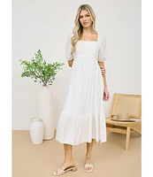 Blu Pepper Square Neck Short Puff Sleeve Pleated Midi Dress