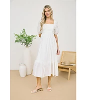 Blu Pepper Square Neck Short Puff Sleeve Pleated Midi Dress