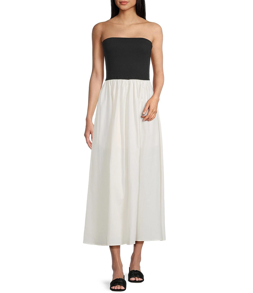 Blu Pepper Strapless Neck Mixed Media Midi Dress