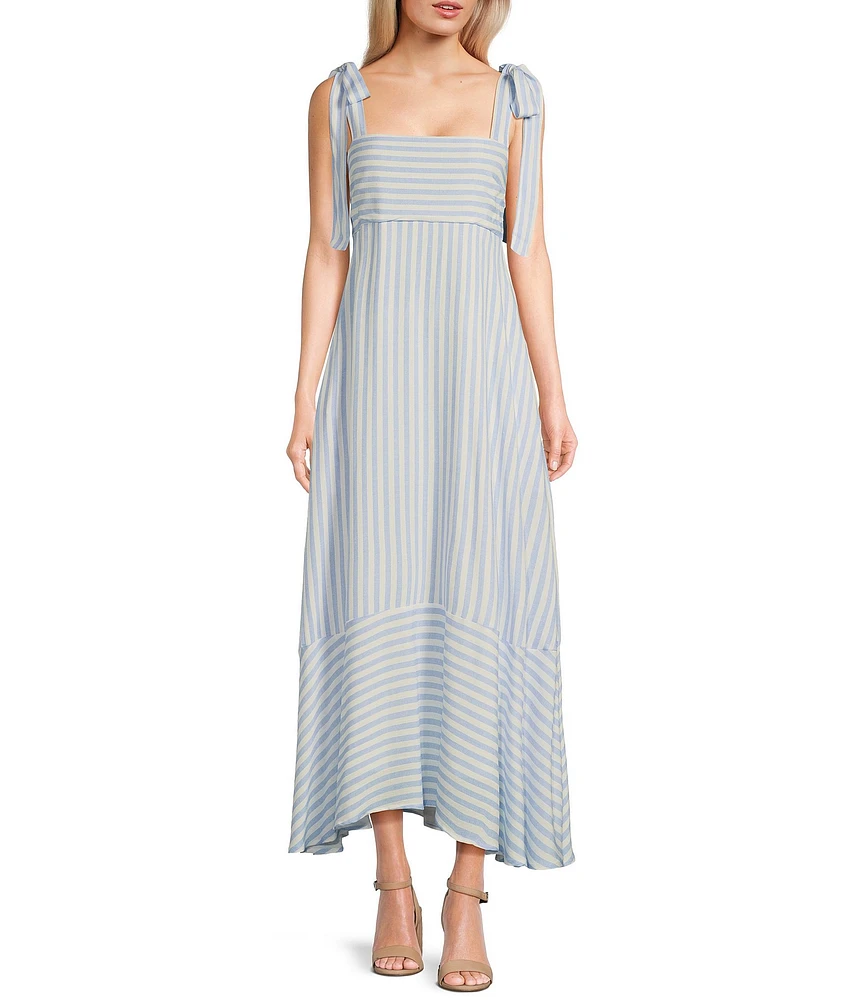 Blu Pepper Striped Square Neck Tie Shoulder Maxi Dress