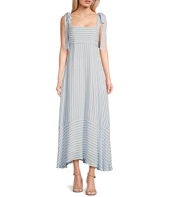 Blu Pepper Striped Square Neck Tie Shoulder Maxi Dress