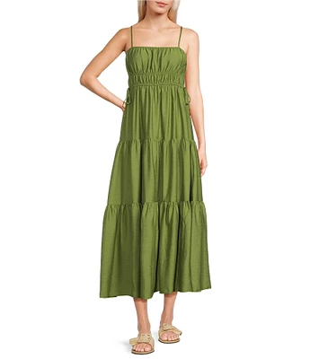 Blu Pepper Waist Tie Shirred Tiered Midi Dress