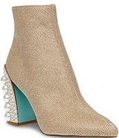 Blue by Betsey Johnson Kasey Glitzy Pearl Embellished Block Heel Booties