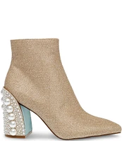 Blue by Betsey Johnson Kasey Glitzy Pearl Embellished Block Heel Booties