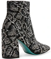 Blue by Betsey Johnson Kris Snake Print Rhinestone Booties