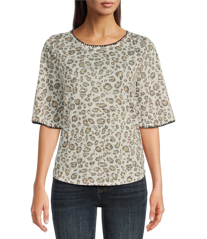Bobeau Knit Curry Leopard Print Crew Neck Elbow Sleeve Stitch Tee