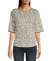 Bobeau Knit Curry Leopard Print Crew Neck Elbow Sleeve Stitch Tee