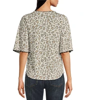 Bobeau Knit Curry Leopard Print Crew Neck Elbow Sleeve Stitch Tee