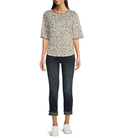 Bobeau Knit Curry Leopard Print Crew Neck Elbow Sleeve Stitch Tee