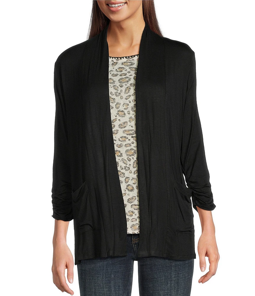 Bobeau Stretch Jersey Relaxed 3/4 Cinch Sleeve Open-Front Cardigan
