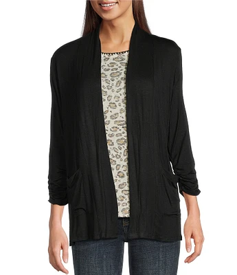 Bobeau Stretch Jersey Relaxed 3/4 Cinch Sleeve Open-Front Cardigan