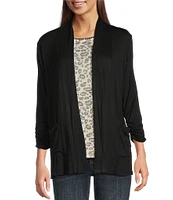 Bobeau Stretch Jersey Relaxed 3/4 Cinch Sleeve Open-Front Cardigan