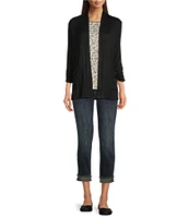 Bobeau Stretch Jersey Relaxed 3/4 Cinch Sleeve Open-Front Cardigan