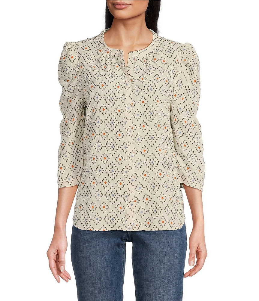 Bobeau Textured Woven Diamond Dots Print Crew Neck 3/4 Puff Sleeve Button Front Top
