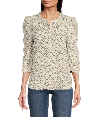 Bobeau Textured Woven Diamond Dots Print Crew Neck 3/4 Puff Sleeve Button Front Top