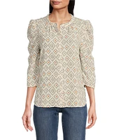 Bobeau Textured Woven Diamond Dots Print Crew Neck 3/4 Puff Sleeve Button Front Top