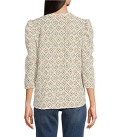 Bobeau Textured Woven Diamond Dots Print Crew Neck 3/4 Puff Sleeve Button Front Top