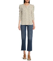 Bobeau Textured Woven Diamond Dots Print Crew Neck 3/4 Puff Sleeve Button Front Top