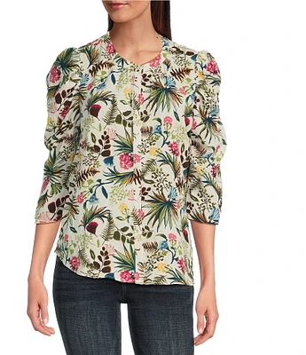 Bobeau Textured Woven Multi Floral Print Crew Neck 3/4 Puff Sleeve Button Front Top