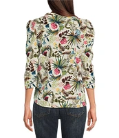 Bobeau Textured Woven Multi Floral Print Crew Neck 3/4 Puff Sleeve Button Front Top