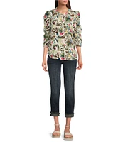 Bobeau Textured Woven Multi Floral Print Crew Neck 3/4 Puff Sleeve Button Front Top
