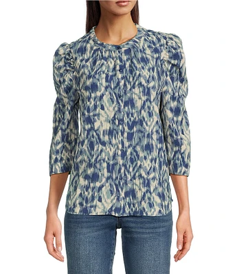 Bobeau Textured Woven Printed Crew Neck 3/4 Puff Sleeve Button Front Top