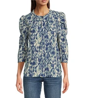 Bobeau Textured Woven Printed Crew Neck 3/4 Puff Sleeve Button Front Top