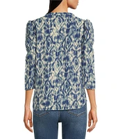 Bobeau Textured Woven Printed Crew Neck 3/4 Puff Sleeve Button Front Top