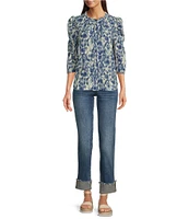 Bobeau Textured Woven Printed Crew Neck 3/4 Puff Sleeve Button Front Top
