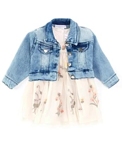 Bonnie Jean Baby Girls Newborn-24 Months Long Sleeve Denim Jacket & Embroidered Fit & Flare Mesh Dress Set