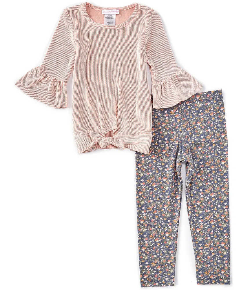 Bonnie Jean 3/4-Bell-Sleeve Solid Tie-Front Rib-Knit Top & Ditsy-Floral-Printed Leggings Set