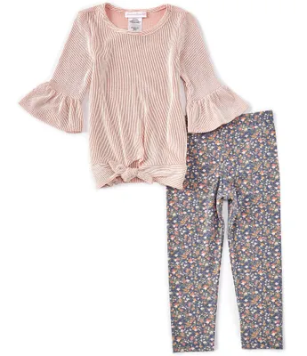 Bonnie Jean 3/4-Bell-Sleeve Solid Tie-Front Rib-Knit Top & Ditsy-Floral-Printed Leggings Set