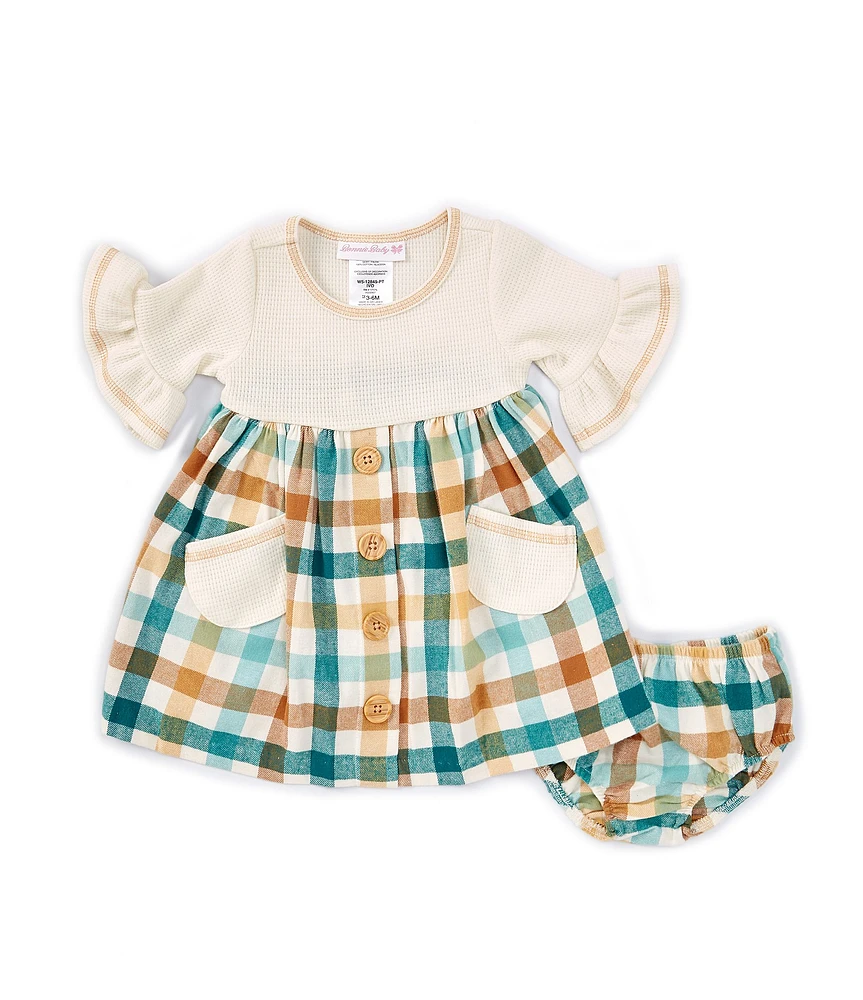 Bonnie Jean Baby Girls Newborn-24 Months 3/4-Sleeve Thermal-Knit Bodice/Plaid Flannel Skirted Fit-And-Flare Dress