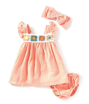 Bonnie Jean Baby Girls Flutter-Sleeve Crocheted-Trim Woven Empire-Waist Dress