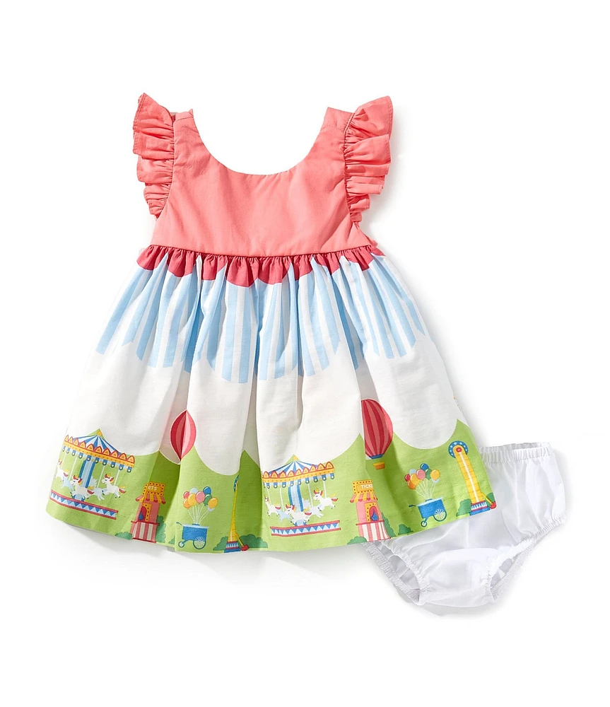 Bonnie Jean Baby Girls Newborn-24 Months Flutter-Sleeve Solid Bodice/Carnival-Border-Printed-Skirted Fit-And-Flare Dress