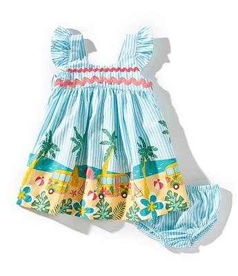 Bonnie Jean Baby Girls Flutter-Sleeve Striped/Beach-Printed Empire-Waist Dress