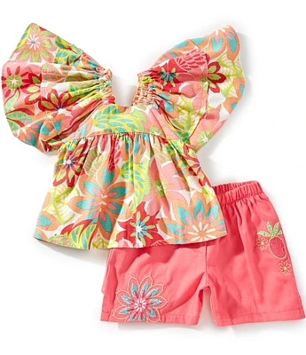 Bonnie Jean Baby Girls Newborn-24 Months Flutter-Sleeve Tropical-Floral-Printed Linen-Blend Top & Embroidered Twill Shorts Set