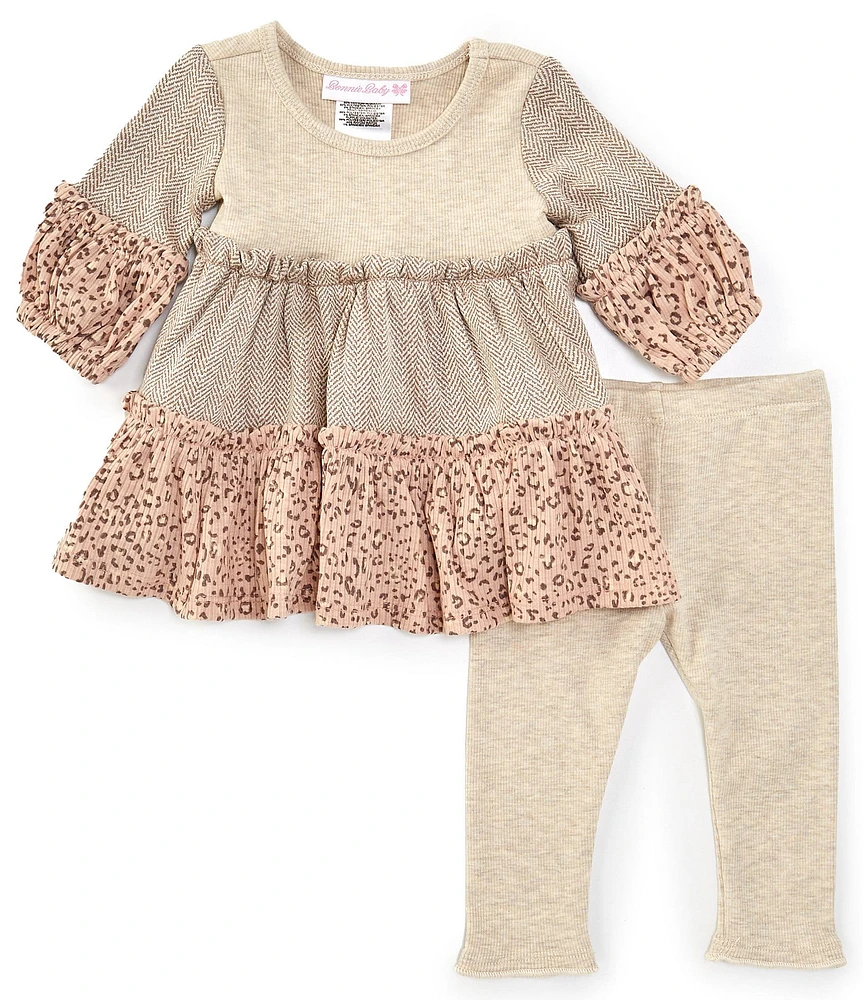 Bonnie Jean Baby Girls Newborn-24 Months Lantern-Sleeve Mixed-Media Tiered Fit & Flare Dress & Solid Rib-Knit Leggings Set