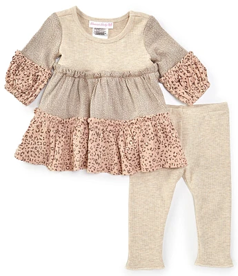 Bonnie Jean Baby Girls Newborn-24 Months Lantern-Sleeve Mixed-Media Tiered Fit & Flare Dress & Solid Rib-Knit Leggings Set