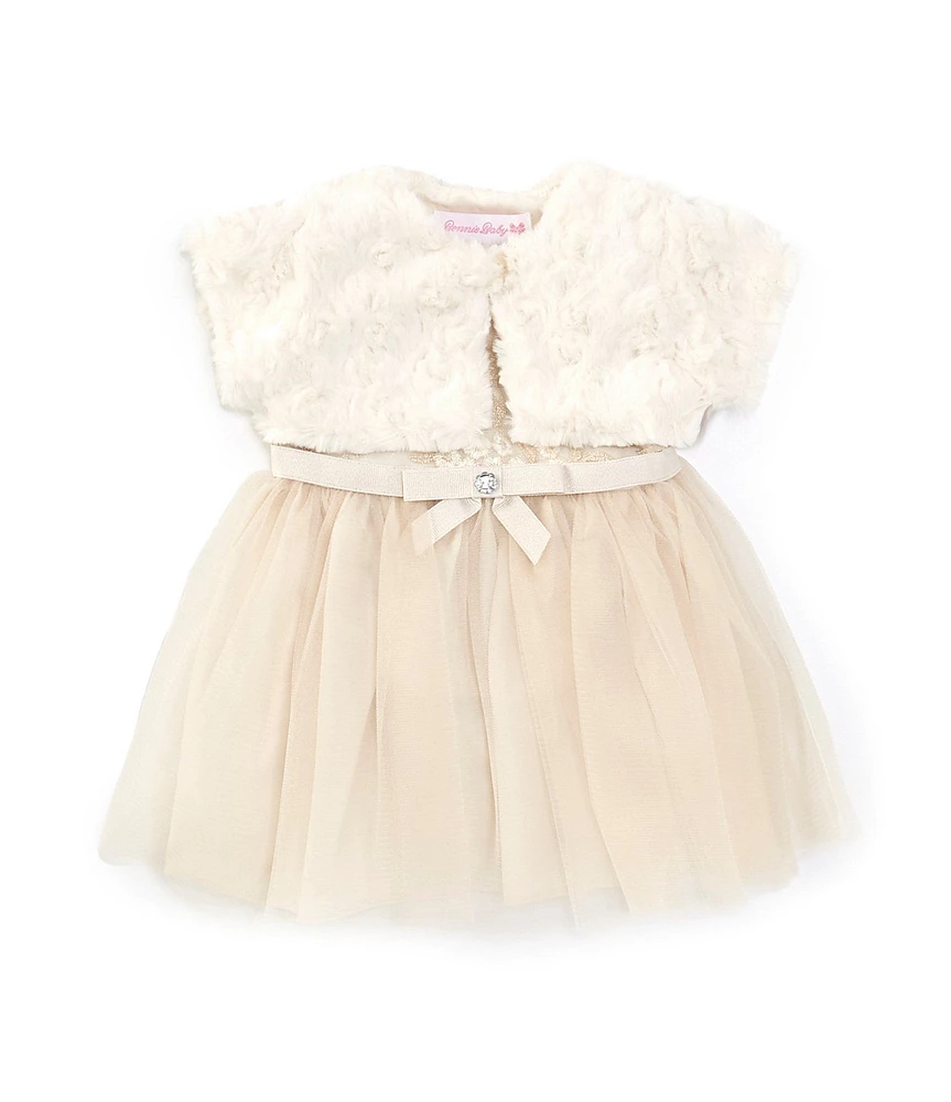 Bonnie Jean Baby Girls Newborn-24 Months Long-Sleeve Faux-Fur Cardigan & Embroidered/Mesh-Skirted Ballerina Dress