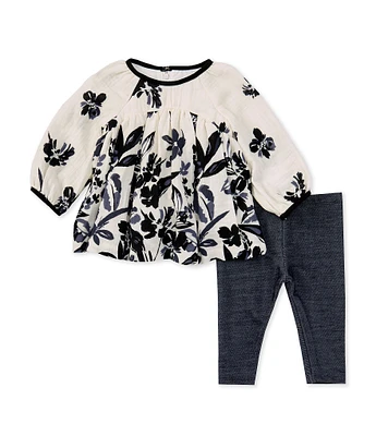 Bonnie Jean Baby Girls Newborn-24 Months Long-Sleeve Floral Gauze Tunic Top & Denim-Look Knit Leggings Set