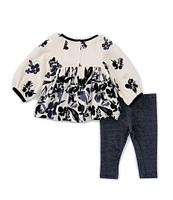 Bonnie Jean Baby Girls Newborn-24 Months Long-Sleeve Floral Gauze Tunic Top & Denim-Look Knit Leggings Set