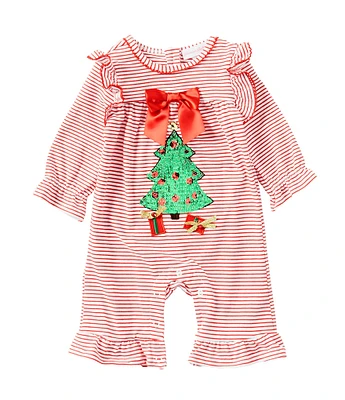 Bonnie Jean Baby Girls Newborn-24 Months Long Sleeve Striped Christmas Tree-Applique Coverall