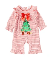 Bonnie Jean Baby Girls Newborn-24 Months Long Sleeve Striped Christmas Tree-Applique Coverall