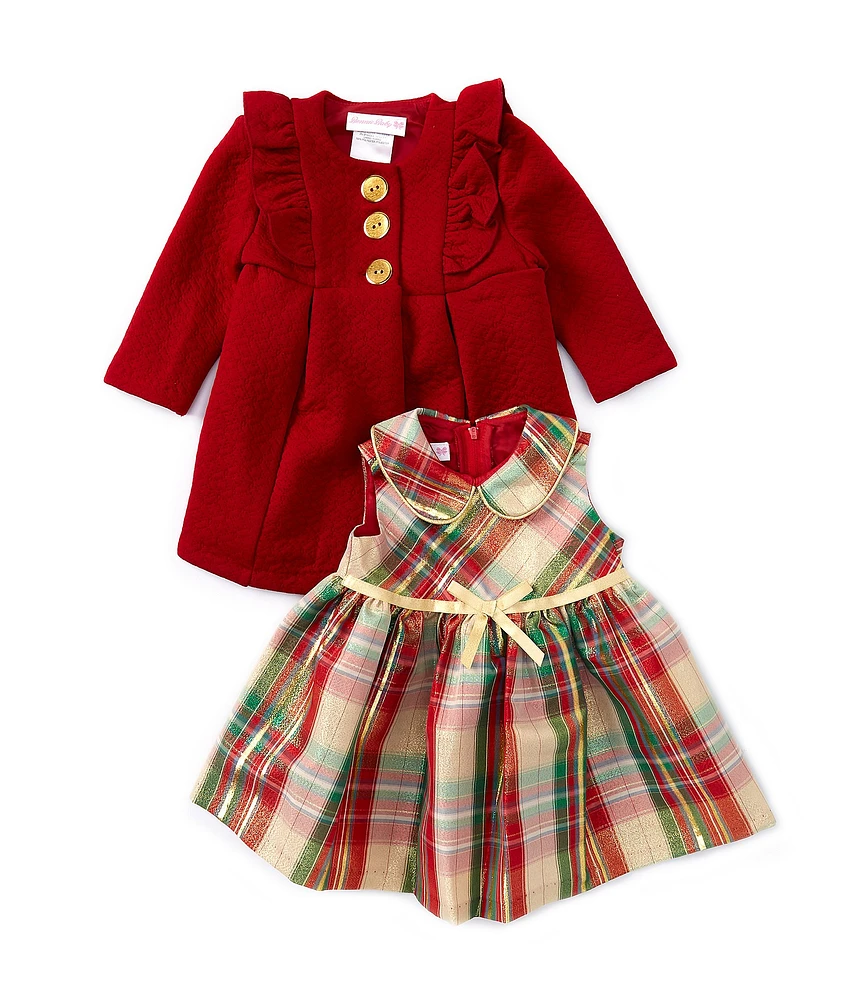 Bonnie Jean Baby Girls Newborn-24 Months Long-Sleeve Textured-Knit Coat & Sleeveless Plaid Fit-And-Flare Dress Set