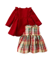 Bonnie Jean Baby Girls Newborn-24 Months Long-Sleeve Textured-Knit Coat & Sleeveless Plaid Fit-And-Flare Dress Set