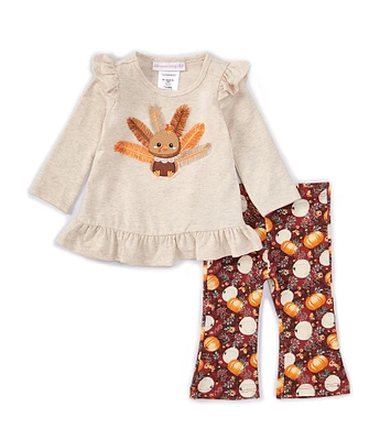 Bonnie Jean Baby Girls Newborn-24 Months Long-Sleeve Thanskgiving-Turkey-Appliqued Top & Pumpkin-Printed Leggings Set