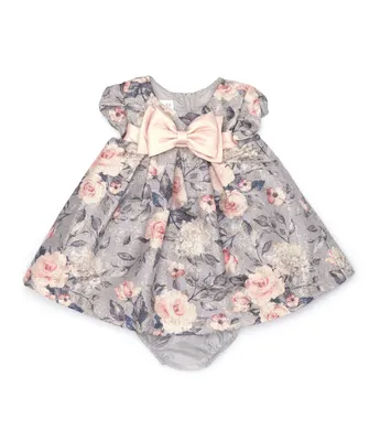 Bonnie Jean Baby Girls Newborn-24 Months Petal Sleeve Floral Printed Metallic Jacquard Trapeze Dress