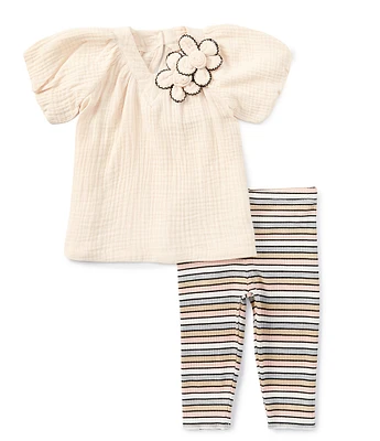 Bonnie Jean Baby Girls Newborn-24 Months Puffed Sleeve Gauze Top & Striped Lurex Rib-Knit Leggings Set