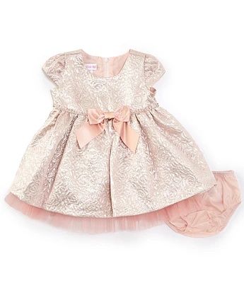 Bonnie Jean Baby Girls Newborn-24 Months Short-Sleeve Jeweled-Waist Metallic Jacquard Fit-And-Flare Dress